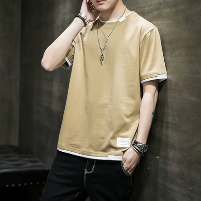 Classic Fake Two Short Sleeved Men's Pure Cotton T-shirt, Men's Summer Men's Interior Matching Trendy Brand T-shirt