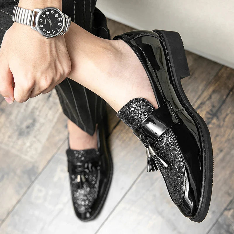 Men's Sequined Leather Dress Shoes – Shiny Formal Party Footwear, Black/Gold, EU 40–47