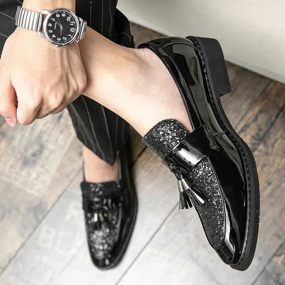 Men's Sequined Leather Dress Shoes – Shiny Formal Party Footwear, Black/Gold, EU 40–47