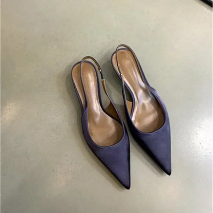 Elegant Purple Satin Low Heel Women Pumps Sexy Pointed Toe High Heels for Women Hollow Back Strap Mules Fashion Party Dress Shoe