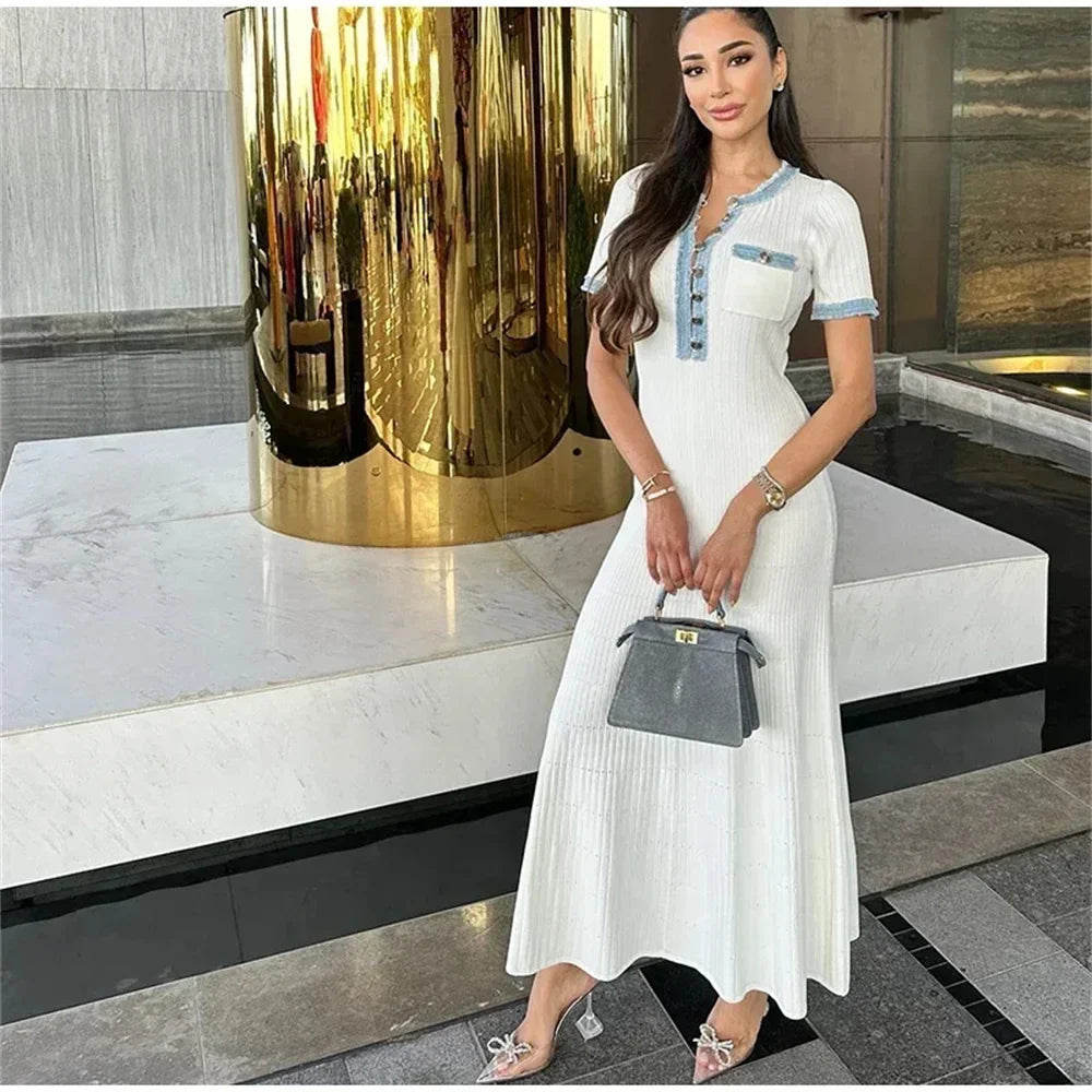 Elegant Contrasting Women Knit Maxi Dress Chic O-neck Short Sleeve Metal Buttons Bodycon Dresses Office Lady Commuting Robe