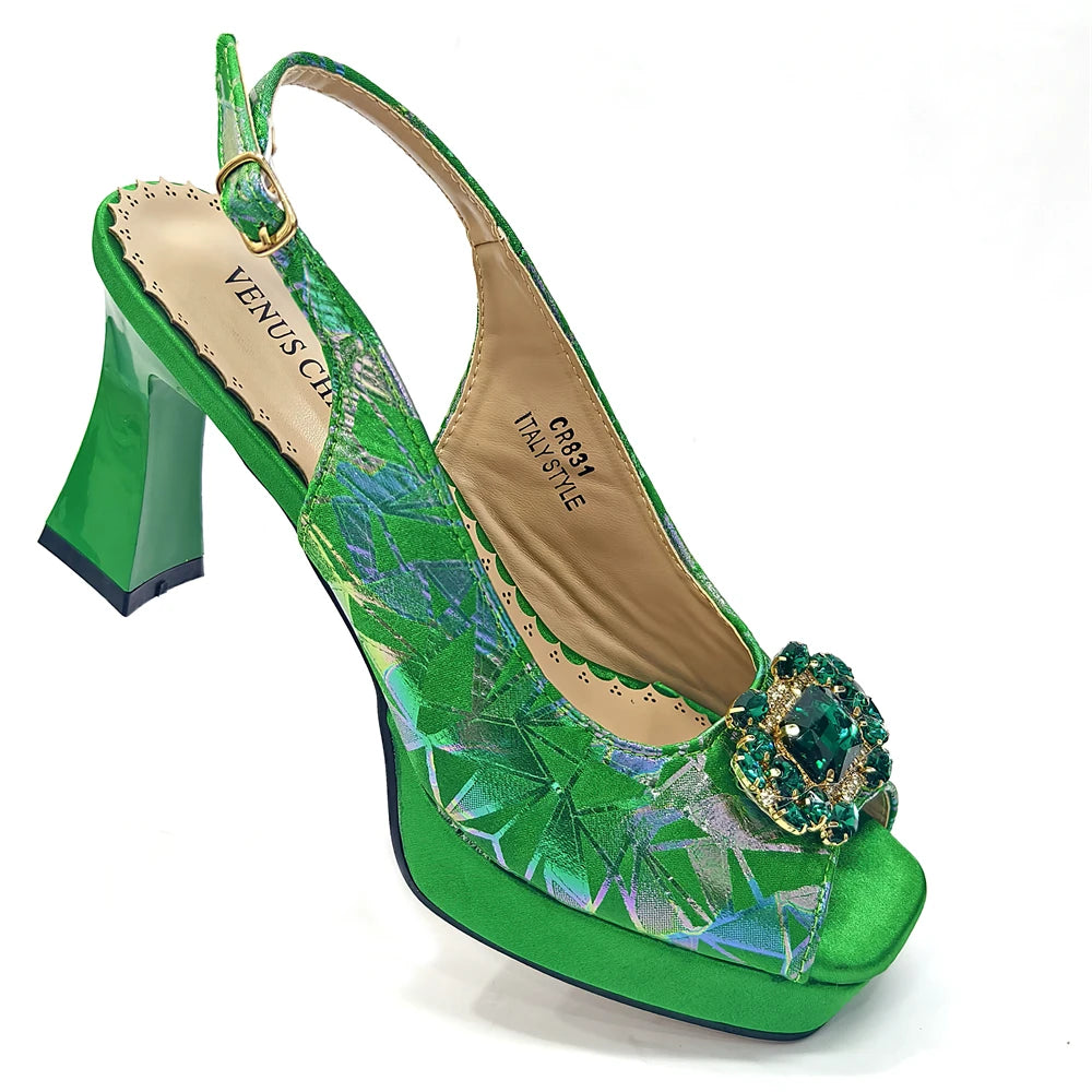 Elegant Women Heels for Peep Toe Good Material Design Rhinestone Fuchsia Sandals Italian Shoes and Bags Matching Set 2025