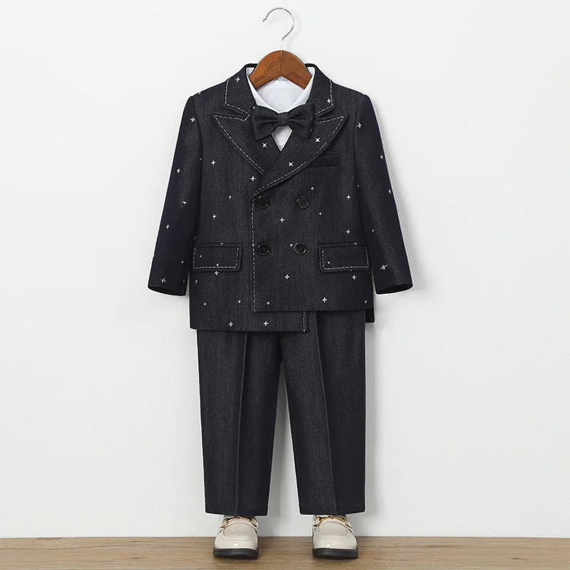 Autumn Children Boys Wedding Suit Star Printed Blazer Vest Pant 3/4/5Pcs Suit Outfit Set Formal Elagant Suit For Boys 1-10 Years
