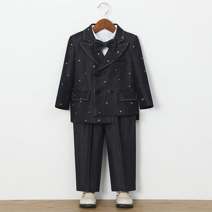 Autumn Children Boys Wedding Suit Star Printed Blazer Vest Pant 3/4/5Pcs Suit Outfit Set Formal Elagant Suit For Boys 1-10 Years