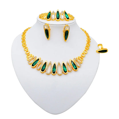 Women Gold Color Jewelry Sets Blue Pendant Necklace Earrings Bracelet Ring Sets Party Gifts