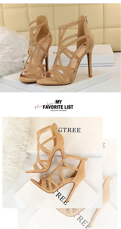 Women Roman Style Thin High Heels Pumps Pointed Toe Suede Hollow Strap Party Shoes Solid Ankle Zip Summer Sandals