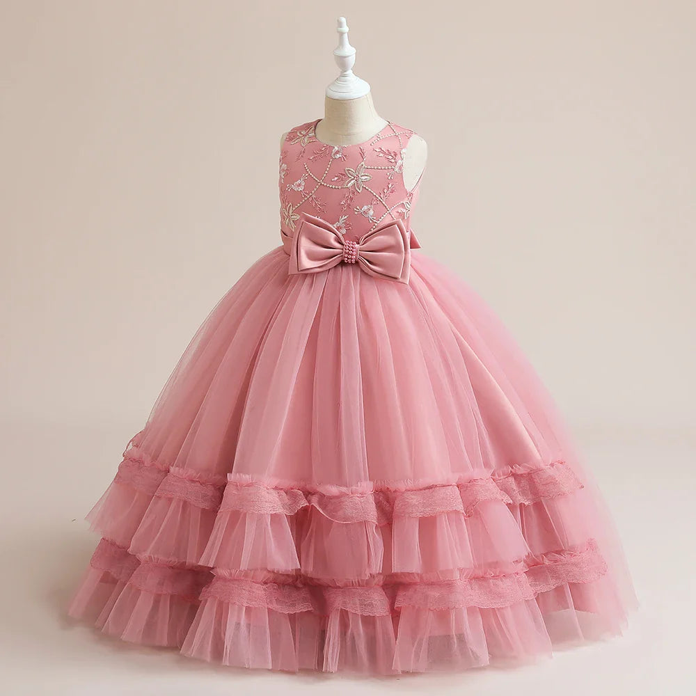 Summer Flower Bridesmaid Girls Dress Elegant Wedding Princess Party Kids Dresses For Girl Gala Bow Birthday Evening Prom Costume