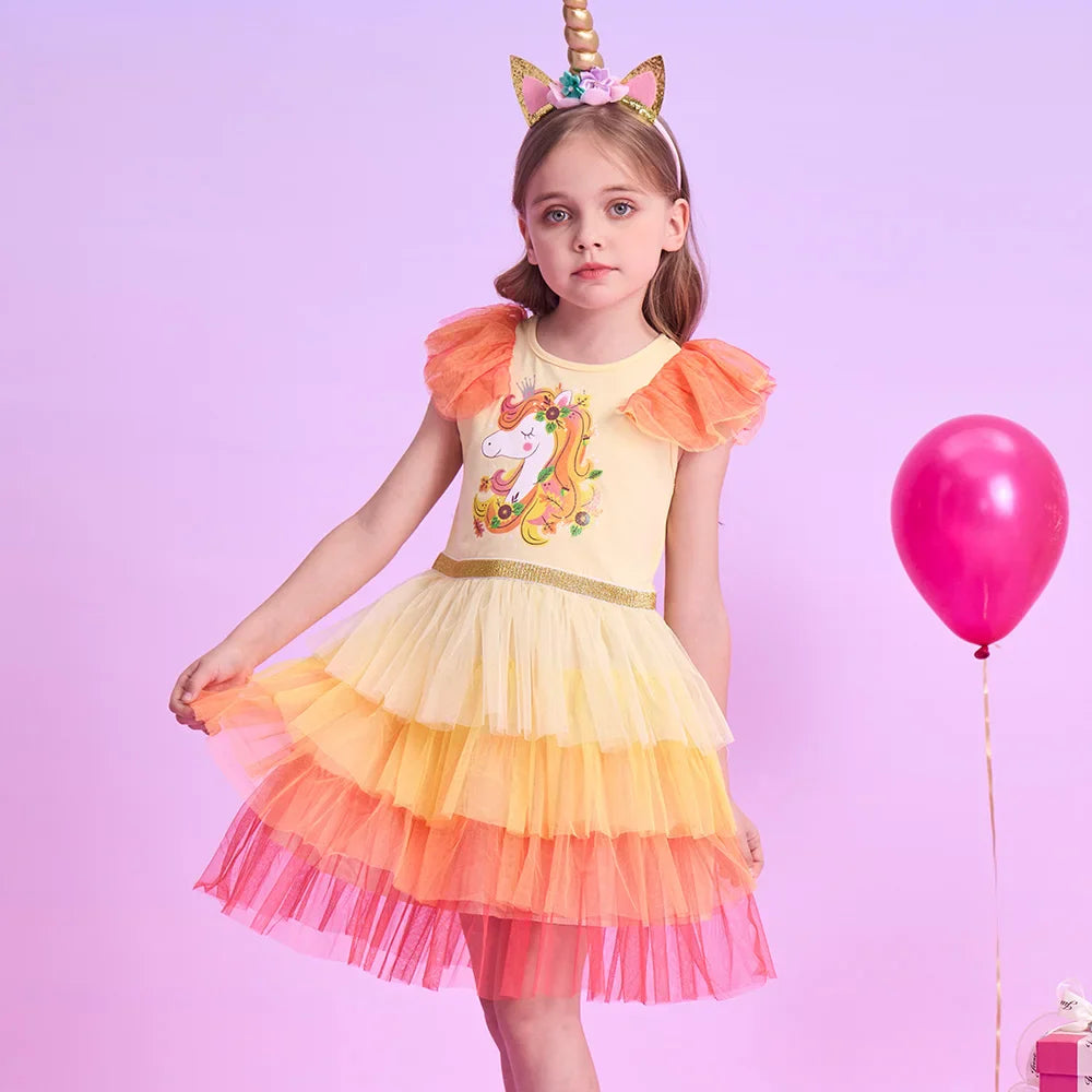 Kids Summer Vestidos Girls Flare Sleeve Mesh Tulle Layered Princess Birthday Party Tutu Dresses Girls Unicorn Print Dress