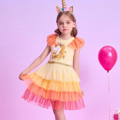 Kids Summer Vestidos Girls Flare Sleeve Mesh Tulle Layered Princess Birthday Party Tutu Dresses Girls Unicorn Print Dress