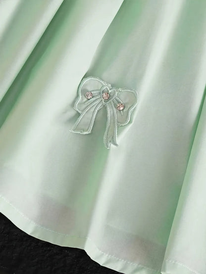 Girl's Summer Fresh Daily Casual Style Green Sleeveless Back Big Bow Flip Collar Half Open Dress Skirt Bow Decoration