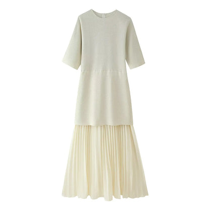 Women Elegant Half Sleeves O-Collar Pleated Dress Spring Woman Rear Zipper Splicing Vintage Casual Knitted Long Dress