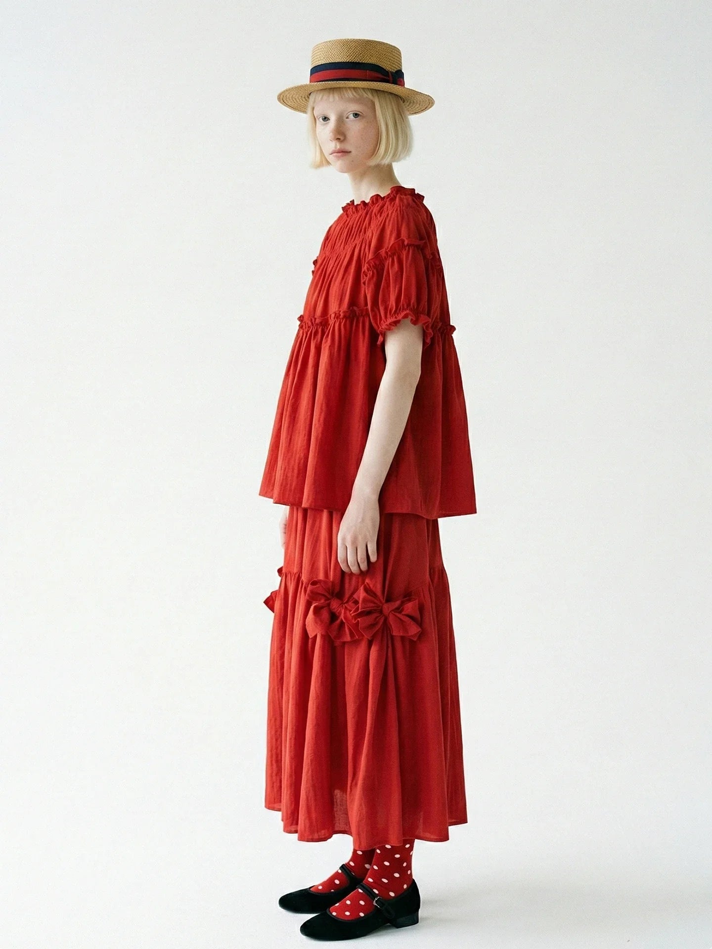 Red Japanese Half length Skirt imakokoni Spring/Summer Original Artistic Elastic Waist Bow Mid length Skirt for Women 265485