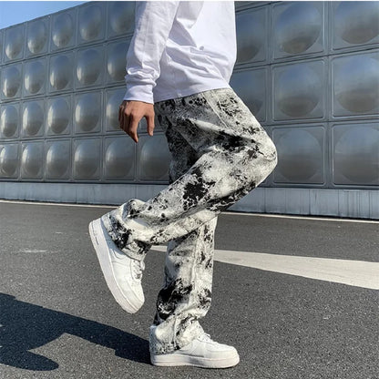 Printed jeans Unisex Elastic waist Spring 2025 Mopping Trousers Jeans Mens Fashion Korean Style High Street Loose Hip Hop Pants