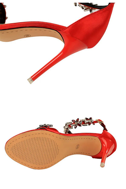 Open Toe Rhinestones Sandals Women 2024 New Designer Luxury High Heels Female Shoes Summer Heeled Satin One Word Belt 368-1