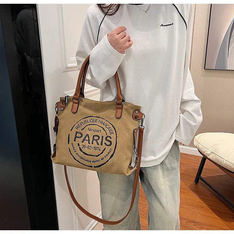 Portable Canvas New Trend Fashion Women's Bag Letter Large Capacity Tote Bag Leisure Commuting Single Shoulder Diagonal Span