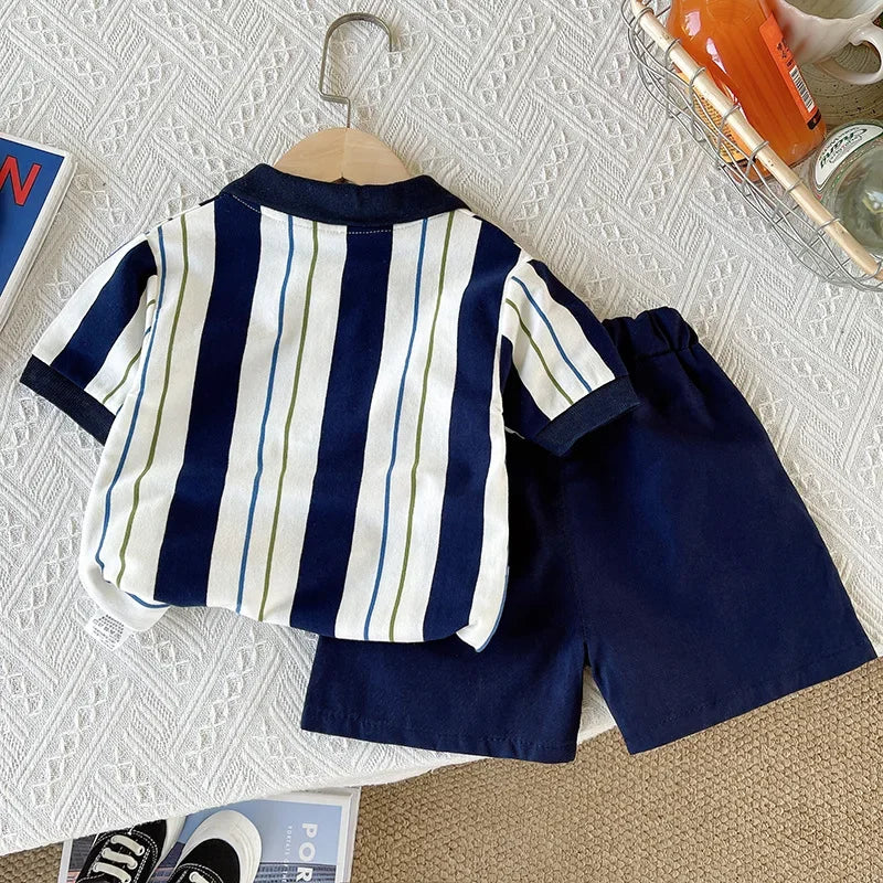 ‌New 2025 Boys Cotton Striped Shorts Set 2-Piece Summer Outfit Fashion Short Sleeve Casual Playwear Stylish Kids Clothing‌