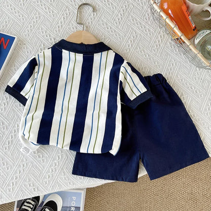‌New 2025 Boys Cotton Striped Shorts Set 2-Piece Summer Outfit Fashion Short Sleeve Casual Playwear Stylish Kids Clothing‌