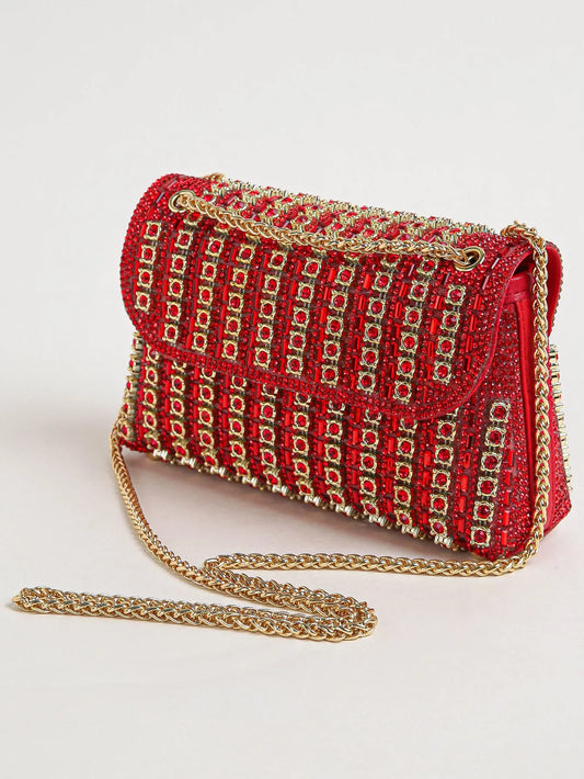 1PC Multi-color Square Bag,Glitter Bling,Shiny Glamorous,Elegant,Exquisite Small Rhinestone Chain Decor Shoulder Evening Bag,Top