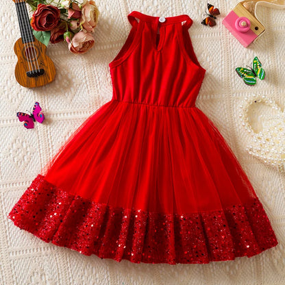 Girl Party Princess Dress Summer Sequin Tulle Dress Elegant Party Red/Pink/White Dresses 3-7Y for Wedding Birthday Holiday Gift