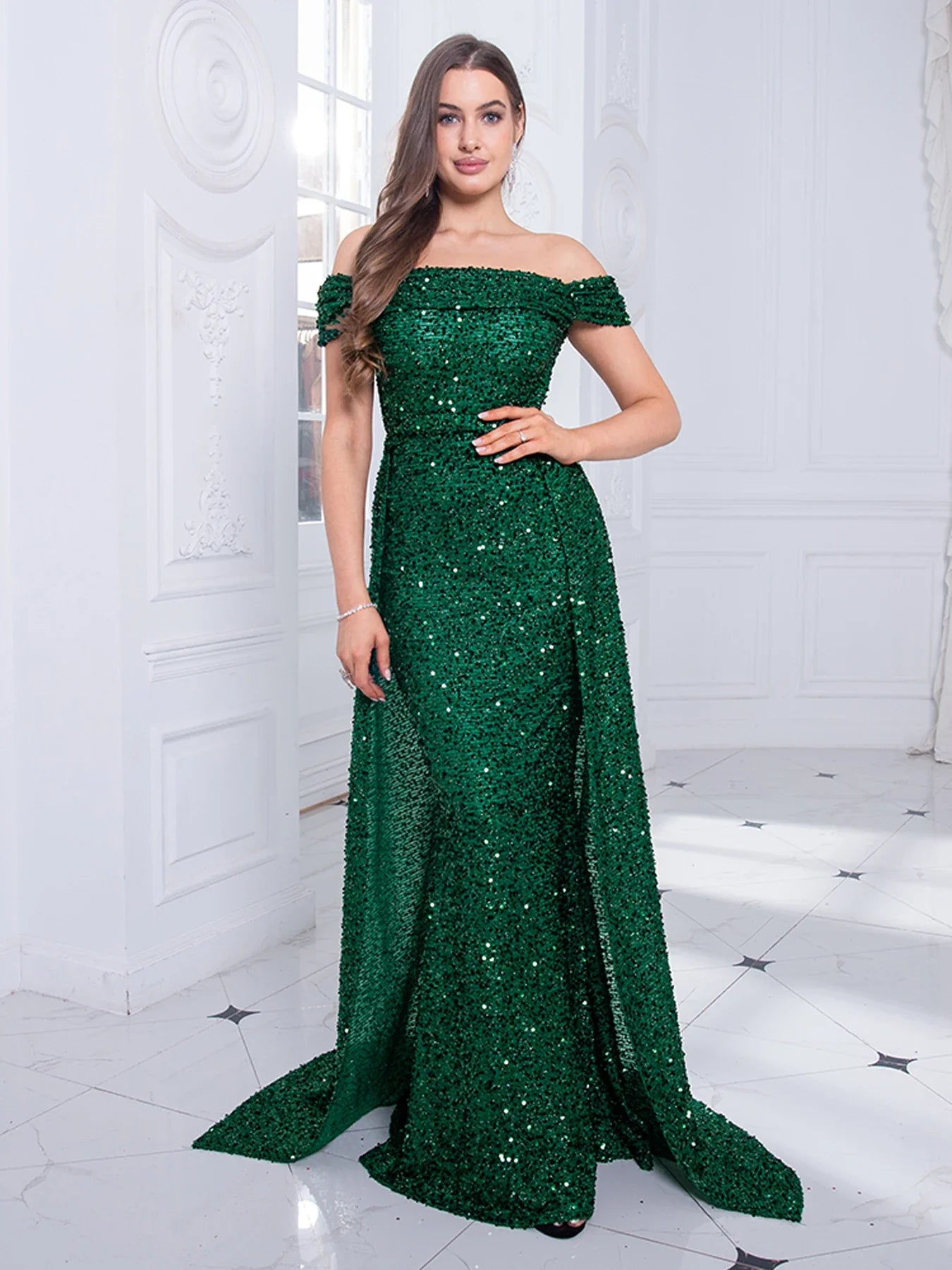 Navy Blue Slash Neck Off Shoulder Prom Gown Sequin Detachable Train Mermaid Evening Party Dresses Cocktail Dress 2025