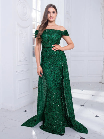 Navy Blue Slash Neck Off Shoulder Prom Gown Sequin Detachable Train Mermaid Evening Party Dresses Cocktail Dress 2025