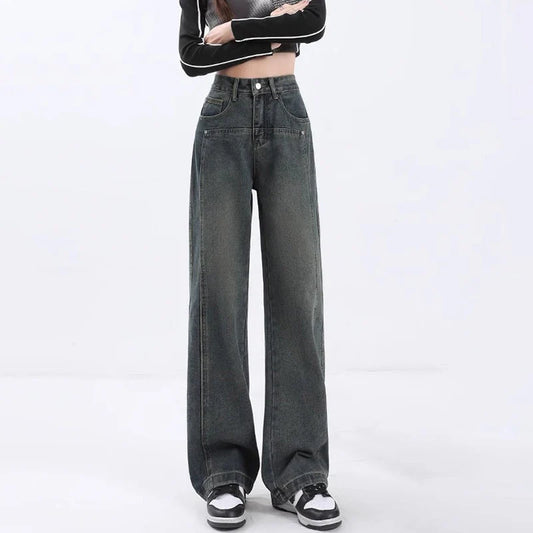 Calça Jeans de Cintura Alta e Perna Larga