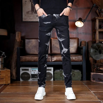 Spring and Autumn New Fashion Trend Retro Printed Straight Leg Elastic Jeans For Men's Casual Sports Comfort High-Quality Jeans