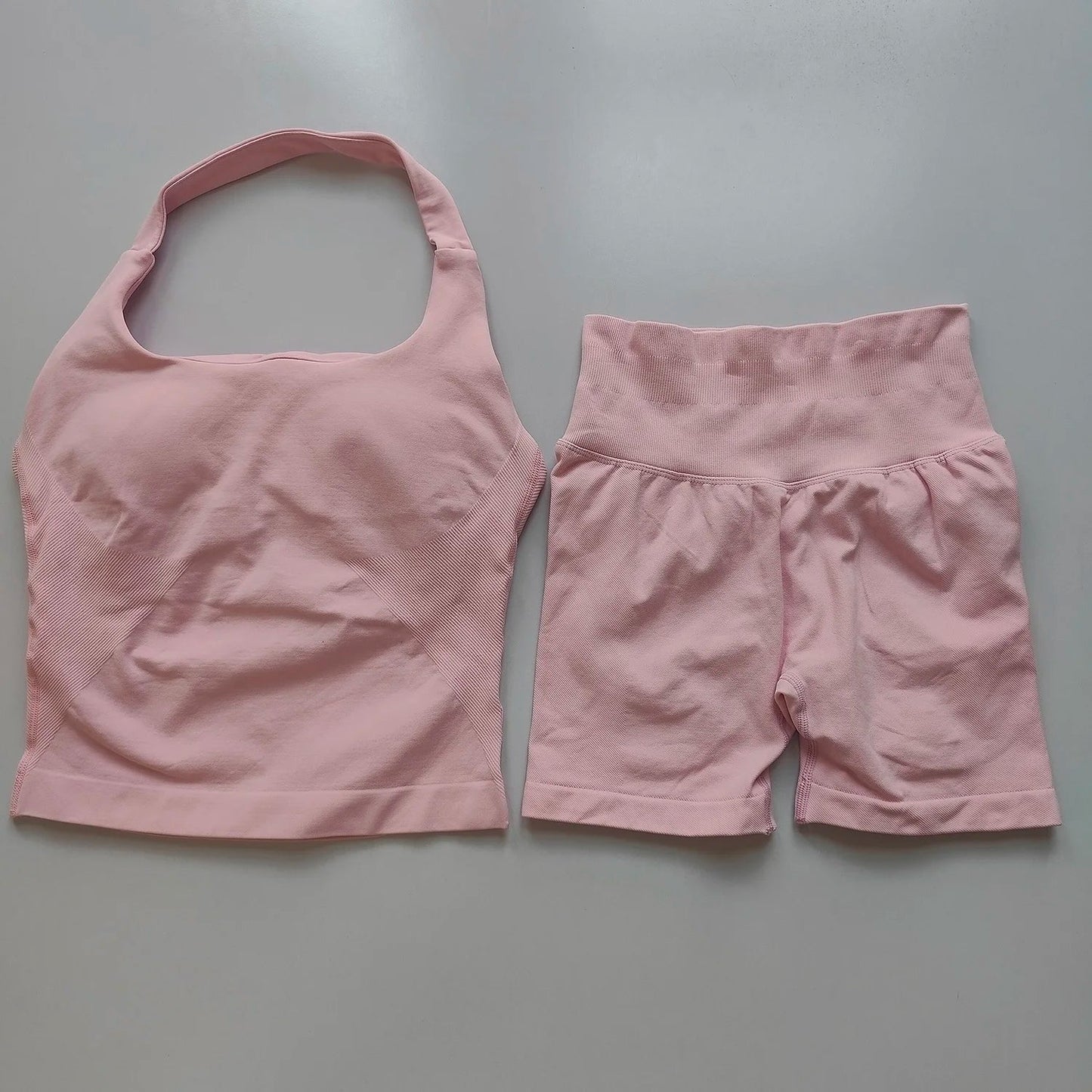 Sexy Halter Neck Beautiful Back High Waist Peach Sports Bras Shorts Suit Pilates Gathering Yoga Vest Training Fitness Bra Sets