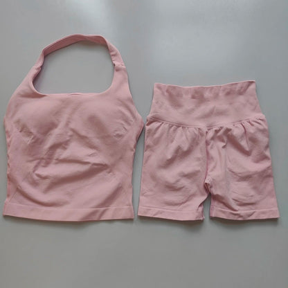 Sexy Halter Neck Beautiful Back High Waist Peach Sports Bras Shorts Suit Pilates Gathering Yoga Vest Training Fitness Bra Sets