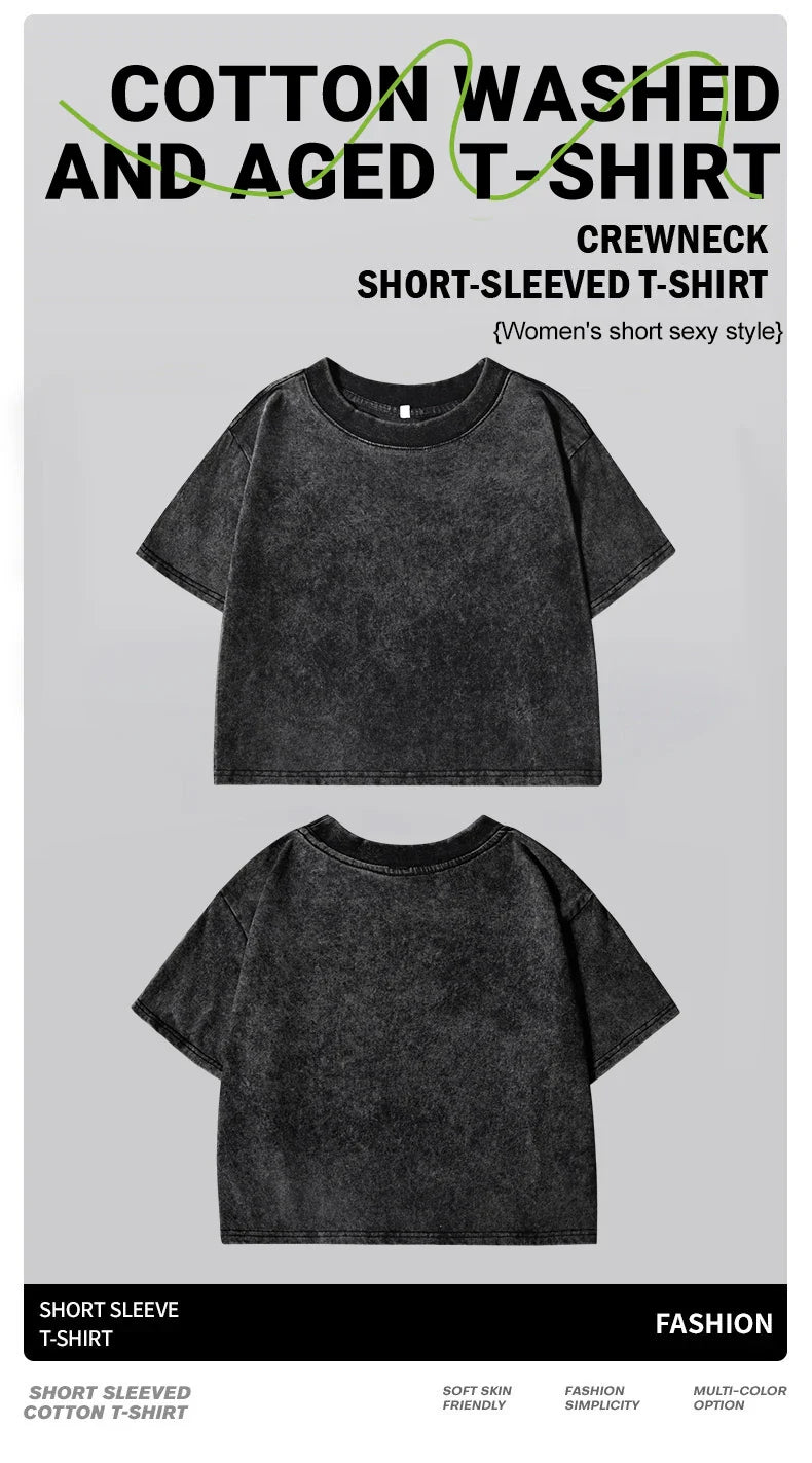 Casual Cotton Crop Tops Womens Japanese Koi Harajuku Prints Washed T-Shirts Street O-Neck Regular Fit Streetwear Sexy Clothes