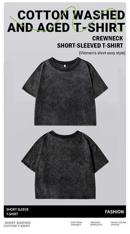 Casual Cotton Crop Tops Womens Japanese Koi Harajuku Prints Washed T-Shirts Street O-Neck Regular Fit Streetwear Sexy Clothes