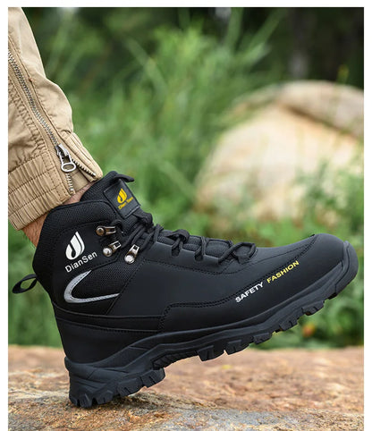 Men Work Boots Puncture-Proof Waterproof Work Shoes Steel Toe Safety Boots Industrial Indestructible Boots Side Leather Shoes