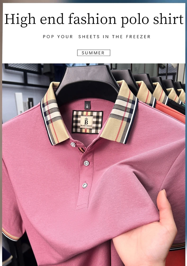 Fashion brand luxury short sleeve polo shirt men summer quality silky cotton breathable business casual striped collar T-shirt