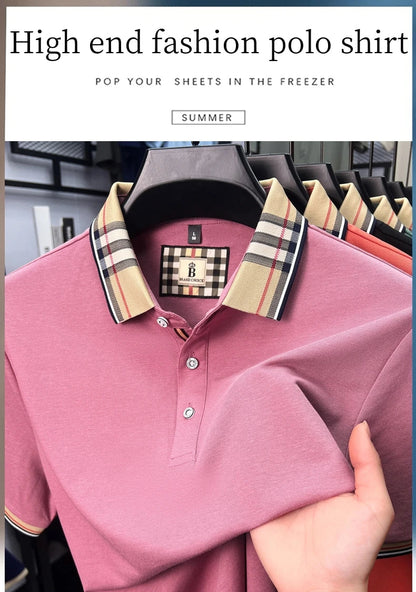 Fashion brand luxury short sleeve polo shirt men summer quality silky cotton breathable business casual striped collar T-shirt