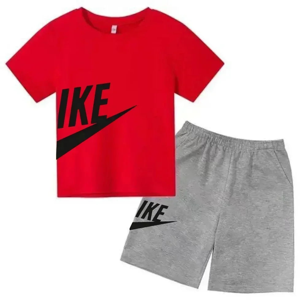 Fashion Sport 2Pcs Outfit, Printed Short Sleeve Tee and Shorts, Comfortable Summer Tracksuit for Boys Girls