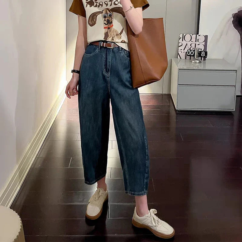 High Waist Jeans for Women Blue Washed Casual Pants
