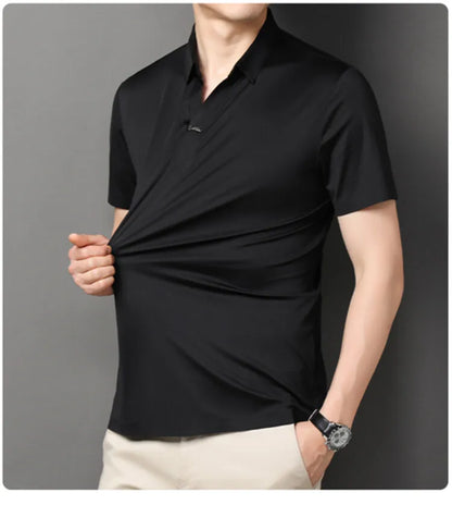 2024 High-quality Elastic Stretch POLO, Business Casual Men's Short-sleeved Shirt, Seamless V-neck M-4XL Men's Polo Shirt