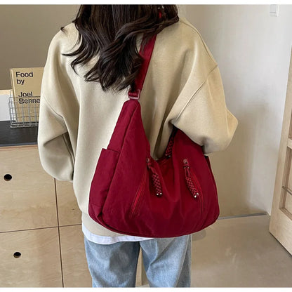 Summer Women Solid Color Shoulder Bag Fashion Lightweight Versatile Travel Crossbody Bag Commuter Nylon Large Capacity Hobo Bag