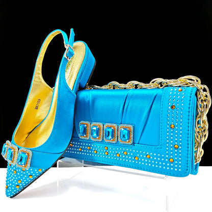 Summer New Design Specials Italian Women Shoes and Bag Set Sky Blue Color Comfortable Low Heels With Rhinestone
