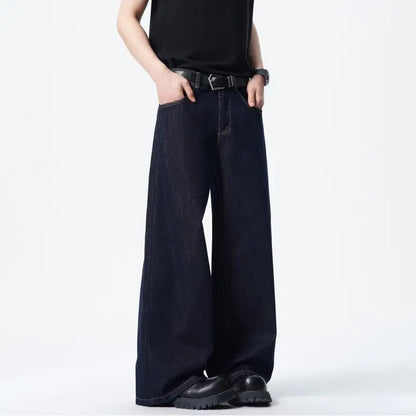 Calça Jeans Masculina Azul Escuro Solta Comprida Reta Clássica De Comprimento Do Chão Atacado Venda Quente Minimalista Casual Streetwear
