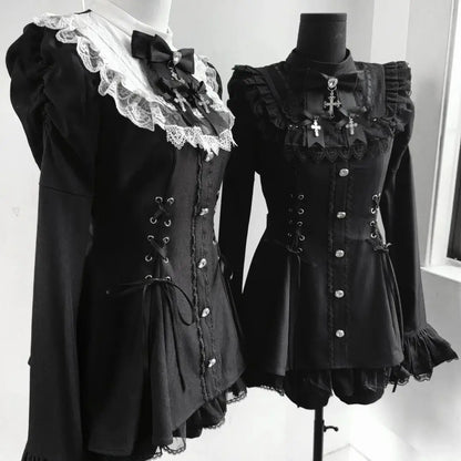Y2k Aesthetic Lolita Style Bow Dress Shorts Set Japanese Women Gothic Lace Flare Sleeve Button Shirt Dress Punk Party Mini Dress