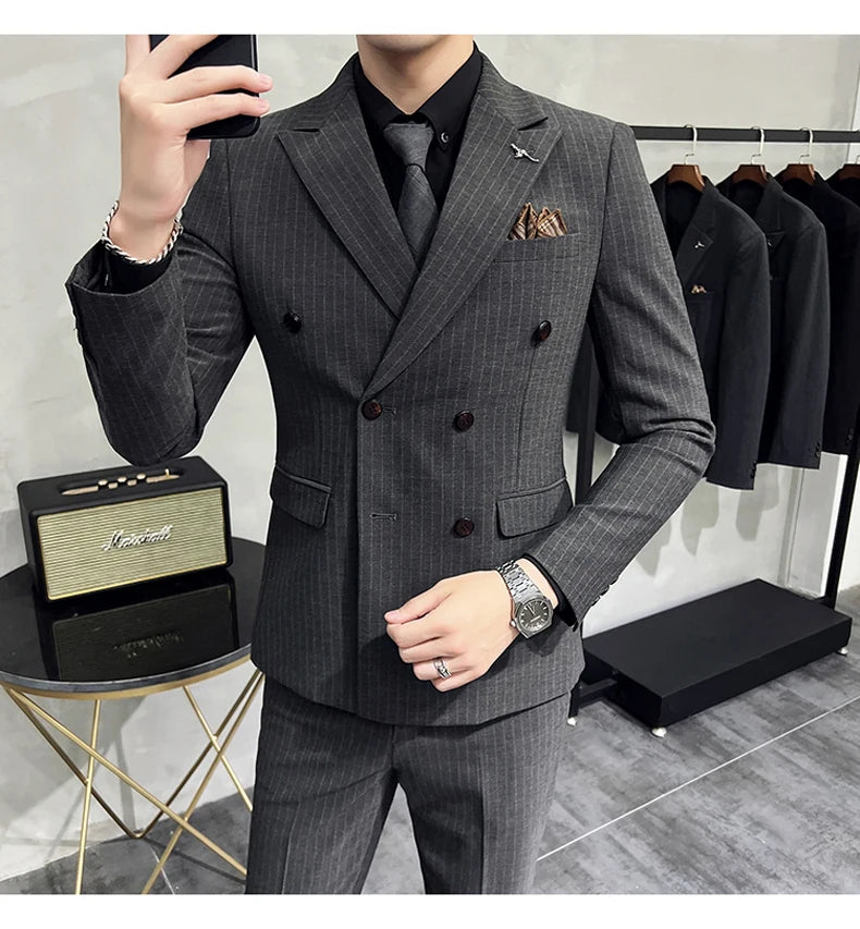 ( Blazer+Vest+Pants ) Groom Wedding Male Suit Luxury Brand Fashion Striped Men's Casual Business Office Double Breasted Suit