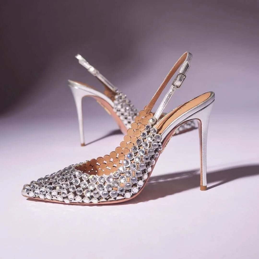 Diamond high heels for women in2025with a single button back strap,sexy wedding shoes for brides,slim heels,pointed toe sandals