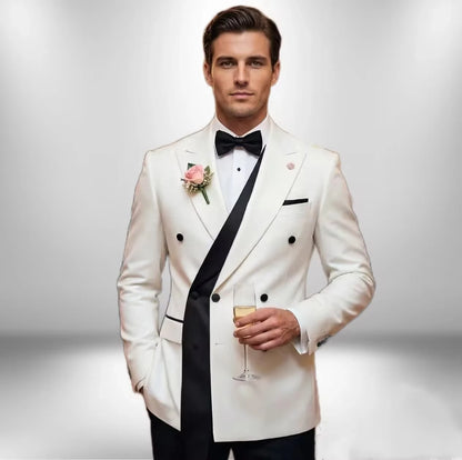 Double Breasted White Wedding Suits for Men Fashion Slim Fit Groom Best Man Wedding Tuxedo Formal Prom Wear