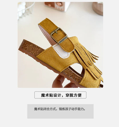 2025 Summer New Girls' Sandals Korean Style Tassel Princess Shoes Frosted Leather Hollow Sandals Comfortable 23-31