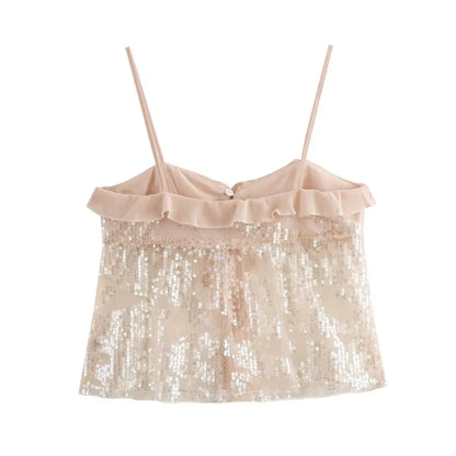 2025 Women Chic Pleat Ruffles Sequined Design Chiffon Sling Camis Tank Top Lady Backless Short Crop Shirt Blouse Tops Clothes