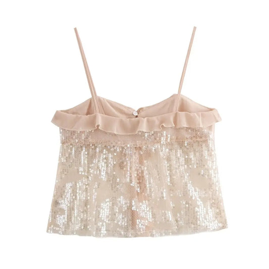2025 Women Chic Pleat Ruffles Sequined Design Chiffon Sling Camis Tank Top Lady Backless Short Crop Shirt Blouse Tops Clothes