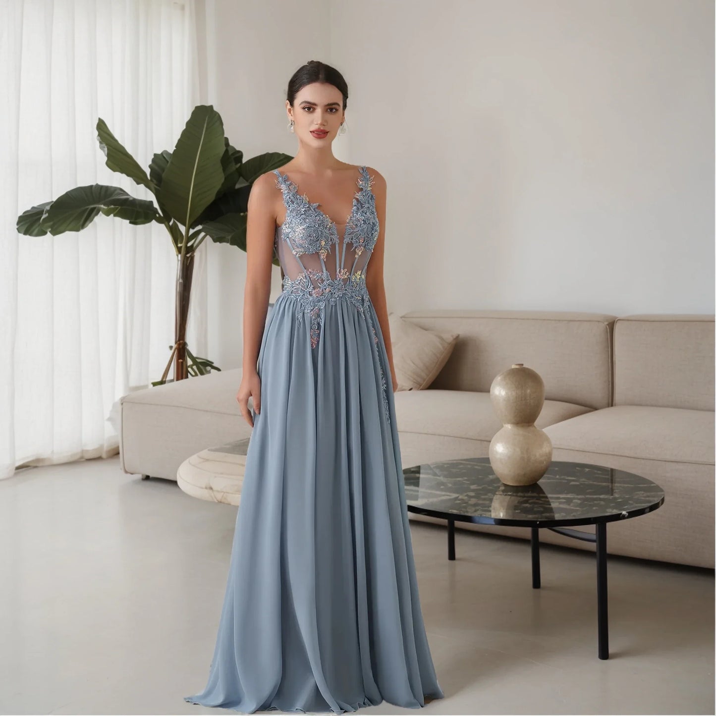 Dusty Pink Sheer Evening Dresses Lace Applique Spaghetti Straps V-Neck Backless Prom Dress Chiffon A-Line 2025 Formal Party Gown