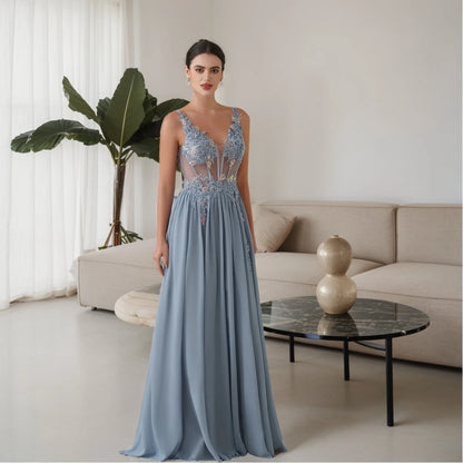 Dusty Pink Sheer Evening Dresses Lace Applique Spaghetti Straps V-Neck Backless Prom Dress Chiffon A-Line 2025 Formal Party Gown