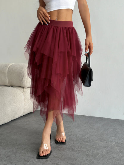 Ladies' high waisted elastic waist layered chiffon midi skirt with irregular asymmetric hem party casual mesh fairy ballet skirt